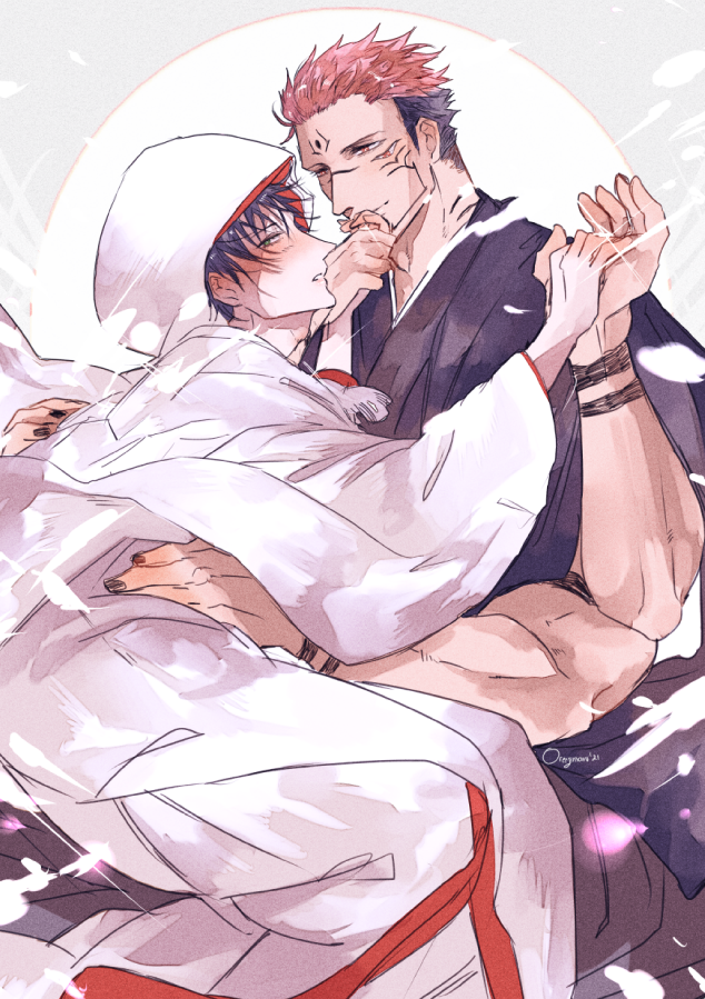 2boys, arm_tattoo, black_hair, black_kimono, black_nails, blush, extra_arms, extra_eyes