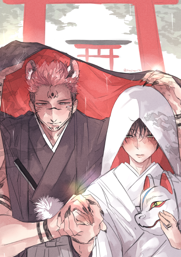 2boys, animal_ears, arm_tattoo, black_hair, black_kimono, black_nails, blush, extra_arms, extra_eyes, facial_tattoo, flower, fushiguro_megumi, green_eyes, height_difference, holding, holding_hands, holding_mask, hood, hood_up, improvised_umbrella, japanese_clothes, jujutsu_kaisen, kimono, long_sleeves, looking_at_another, male_focus, mask, multiple_boys, muscular, muscular_male, nail_polish, orenjimaru, pink_hair, rain, ryoumen_sukuna_(jujutsu_kaisen), short_hair, size_difference, smile, spiked_hair, tattoo, tiger_ears, torii, uchikake, undercut, white_kimono, yaoi