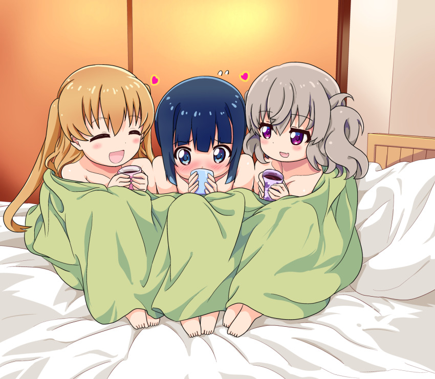 3girls, aftersex, bed, bed_sheet, blue_eyes, blush, coffee_mug, collarbone