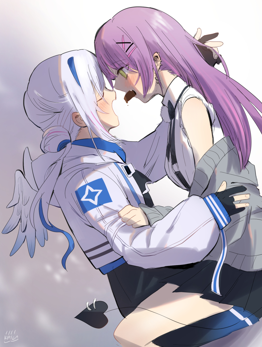 2girls, amane_kanata, amane_kanata_(work), angel_wings, bare_shoulders, black_gloves, black_skirt, blouse