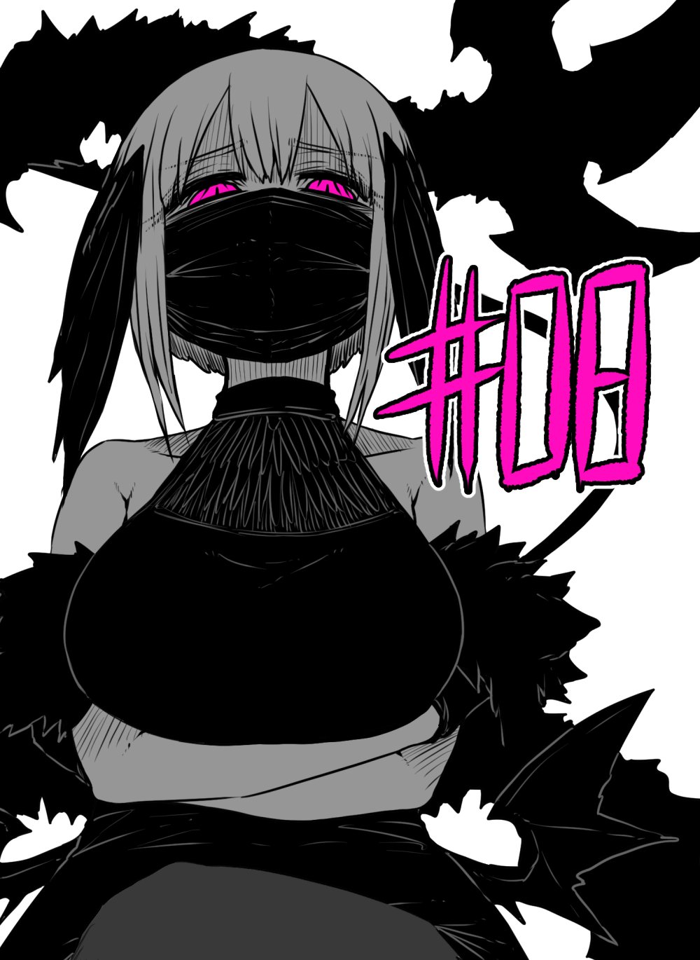 arms_under_breasts, black_dress, breasts, chapter_number, claws, dress, fur_scarf, head_wings