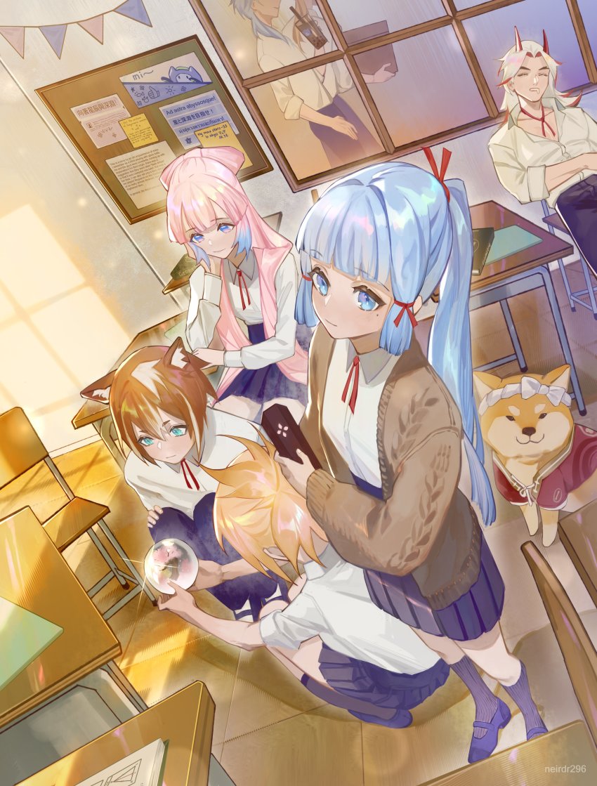 1other, 3boys, 3girls, absurdres, alternate_costume, animal, animal_ear_fluff, animal_ears