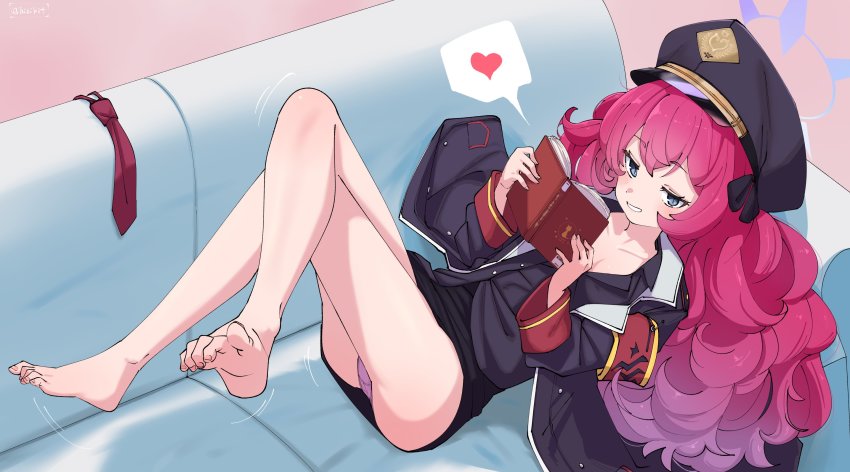 1girl, absurdres, bare_legs, blue_archive, blush, book, breasts, cleavage