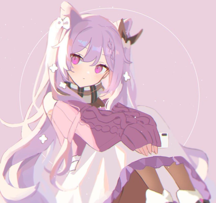 1girl, blush, boots, braid, braided_bangs, brown_pantyhose, closed_mouth, commentary_request