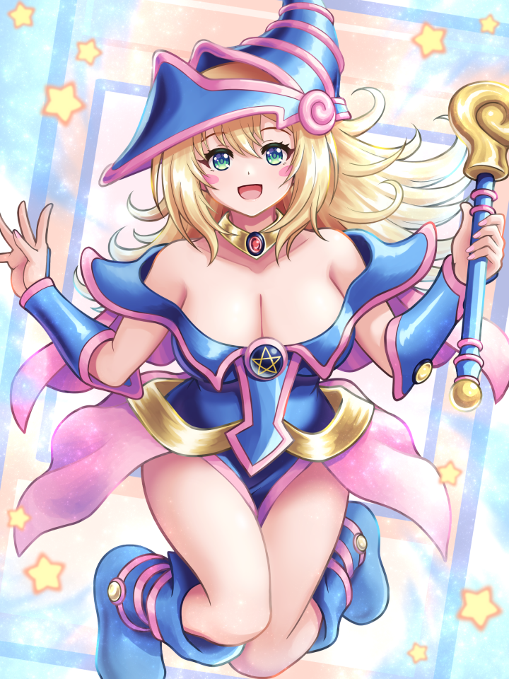 1girl, aqua_eyes, blonde_hair, blue_background, blue_footwear, blue_headwear, blush_stickers, boots, breasts, cleavage, collarbone, dark_magician_girl, duel_monster, gauntlets, green_eyes, hair_between_eyes, hat, hexagram, inumaru75707951, jewelry, looking_at_viewer, medium_breasts, necklace, open_mouth, pelvic_curtain, pentacle, pentagram, smile, staff, star_(symbol), star_symbol_background, wand, wizard_hat, yu-gi-oh!, yu-gi-oh!_duel_monsters