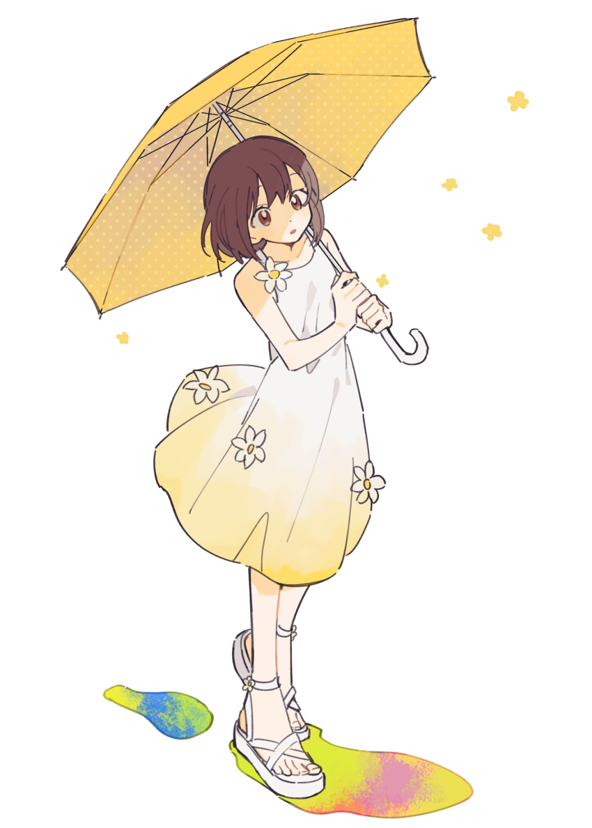 1girl, ankle_strap, brown_eyes, brown_hair, clothes_lift, collarbone, colorful, dot_nose