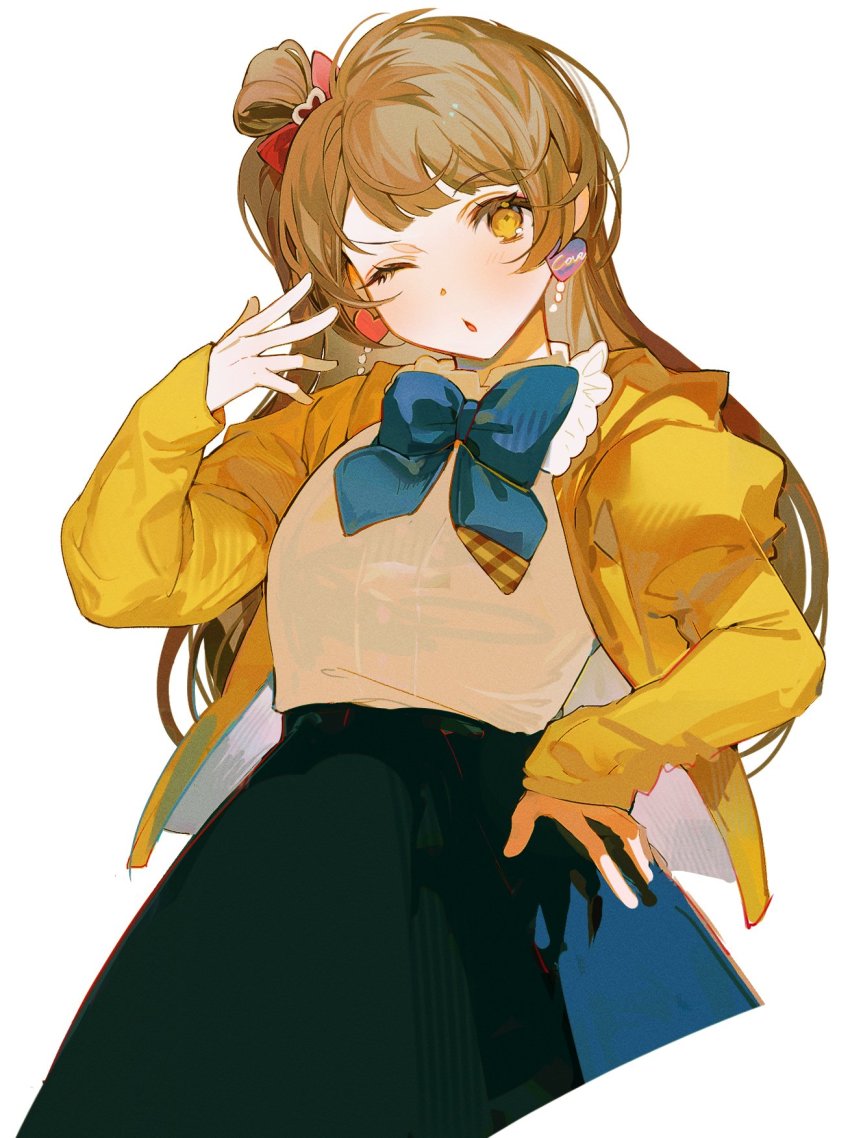 1girl, blouse, blue_bow, blue_bowtie, blue_skirt, bow, bowtie, brown_hair, collared_shirt, cowboy_shot, cropped_legs, earrings, hair_bow, hair_ornament, hair_rings, hand_on_own_hip, hand_up, head_tilt, heart, heart_earrings, heart_hair_ornament, high-waist_skirt, highres, jacket, jewelry, juliet_sleeves, kamu_(poulro), light_blush, long_hair, long_sleeves, looking_at_viewer, love_live!, love_live!_school_idol_project, minami_kotori, one_eye_closed, one_side_up, open_clothes, open_jacket, parted_lips, plaid_bow, plaid_bowtie, plaid_clothes, puffy_sleeves, red_bow, shirt, shirt_tucked_in, simple_background, single_hair_ring, skirt, sleeves_past_wrists, solo, standing, white_background, white_shirt, yellow_eyes, yellow_jacket