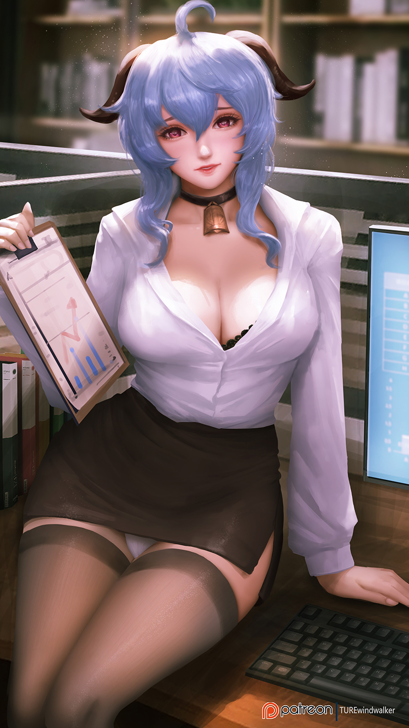 1girl, ahoge, arm_support, artist_name, black_skirt, black_thighhighs, blouse, blurry, bookshelf, breasts, chart_(object), choker, cleavage, clipboard, depth_of_field, desk, dress_shirt, fingernails, ganyu_(genshin_impact), genshin_impact, goat_horns, hair_between_eyes, highres, holding, holding_clipboard, horns, computer_keyboard, large_breasts, long_sleeves, looking_at_viewer, medium_hair, monitor, office, office_lady, on_desk, panties, pantyshot, parted_lips, patreon_username, purple_eyes, shirt, sitting, skirt, solo, thighhighs, turewindwalker, underwear, white_hair, white_panties, white_shirt