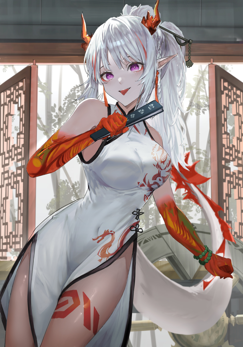 1girl, :p, absurdres, arknights, bead_bracelet, beads, bracelet, braid, breasts, china_dress, chinese_clothes, colored_skin, dragon_girl, dragon_horns, dragon_print, dragon_tail, dress, earrings, female_focus, fire, flame-tipped_tail, folding_fan, hair_ornament, hair_stick, hand_fan, highres, holding, holding_fan, horns, jewelry, large_breasts, long_hair, looking_at_viewer, multicolored_hair, nian_(arknights), nian_(unfettered_freedom)_(arknights), okayannosuke, open_mouth, pointy_ears, ponytail, purple_eyes, red_hair, side_braid, side_slit, sleeveless, sleeveless_dress, solo, streaked_hair, tail, tassel, tassel_earrings, tongue, tongue_out, two-tone_hair, white_dress, white_hair