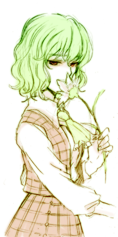 1girl, ascot, bad_id, bad_pixiv_id, female_focus, flower, green_hair, holding