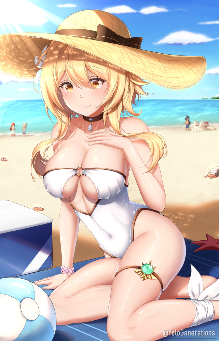 2boys, 4girls, absurdres, ankle_ribbon, antenna_hair, arm_support, ball, bandaged_leg, bandages, beachball, blonde_hair, blue_male_swimwear, blue_swim_trunks, blurry, blurry_background, bracelet, breasts, choker, curvy, depth_of_field, diluc_(genshin_impact), flower, flower_bracelet, genshin_impact, hair_between_eyes, hair_flower, hair_ornament, hand_on_own_chest, hands_on_own_hips, hat, hat_feather, highleg, highleg_one-piece_swimsuit, highres, injury, jean_(genshin_impact), jewelry, kaeya_(genshin_impact), klee_(genshin_impact), large_breasts, leg_ribbon, lily_(flower), low_ponytail, lumine_(genshin_impact), male_swimwear, multiple_boys, multiple_girls, one-piece_swimsuit, paimon_(genshin_impact), ponytail, ribbon, skindentation, starfish, strapless, strapless_one-piece_swimsuit, straw_hat, summer, swim_trunks, swimsuit, thigh_strap, thighs, vision_(genshin_impact), white_one-piece_swimsuit, yellow_eyes, yolo_generations