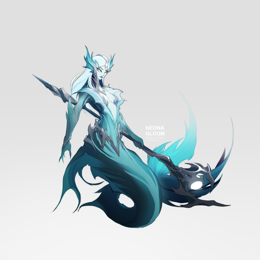 1girl, alternate_costume, artist_name, breasts, closed_mouth, colored_skin, green_skin, grey_background, grey_hair, highres, holding, holding_weapon, league_of_legends, long_hair, medium_breasts, mermaid, monster_girl, nami_(league_of_legends), neona_gloom, no_pupils, simple_background, solo, staff, weapon