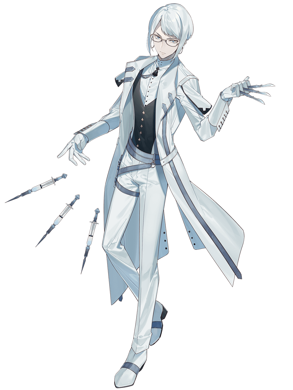 1boy, bell, belt, between_fingers, black_vest, blouse, blue_eyes, buttons, closed_mouth, coat, coattails, diamond_button, dress_shirt, eyewear_strap, food_fantasy, full_body, glasses, gloves, grey_belt, highres, holding, holding_knife, holster, knife, knives_between_fingers, looking_at_viewer, male_focus, mandarin_collar, muenchner_weisswurst_(food_fantasy), official_art, pants, rezia, scalpel, shirt, short_hair, short_hair_with_long_locks, solo, standing, syringe, tailcoat, thigh_holster, third-party_source, transparent_background, v-shaped_eyebrows, vest, white_coat, white_footwear, white_gloves, white_hair, white_pants, white_shirt