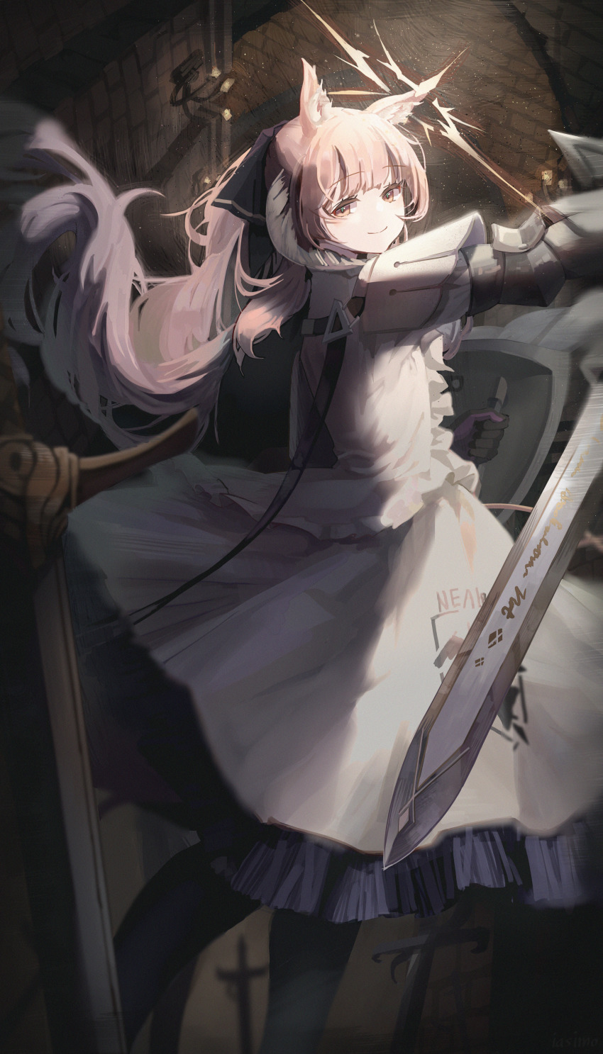 1girl, absurdres, animal_ears, arknights, artist_name, black_bow, black_legwear, blemishine_(arknights)