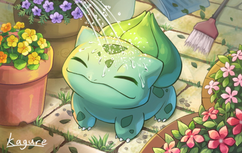 animal_focus, brush, bulbasaur, claws, closed_eyes, closed_mouth, commentary_request, day