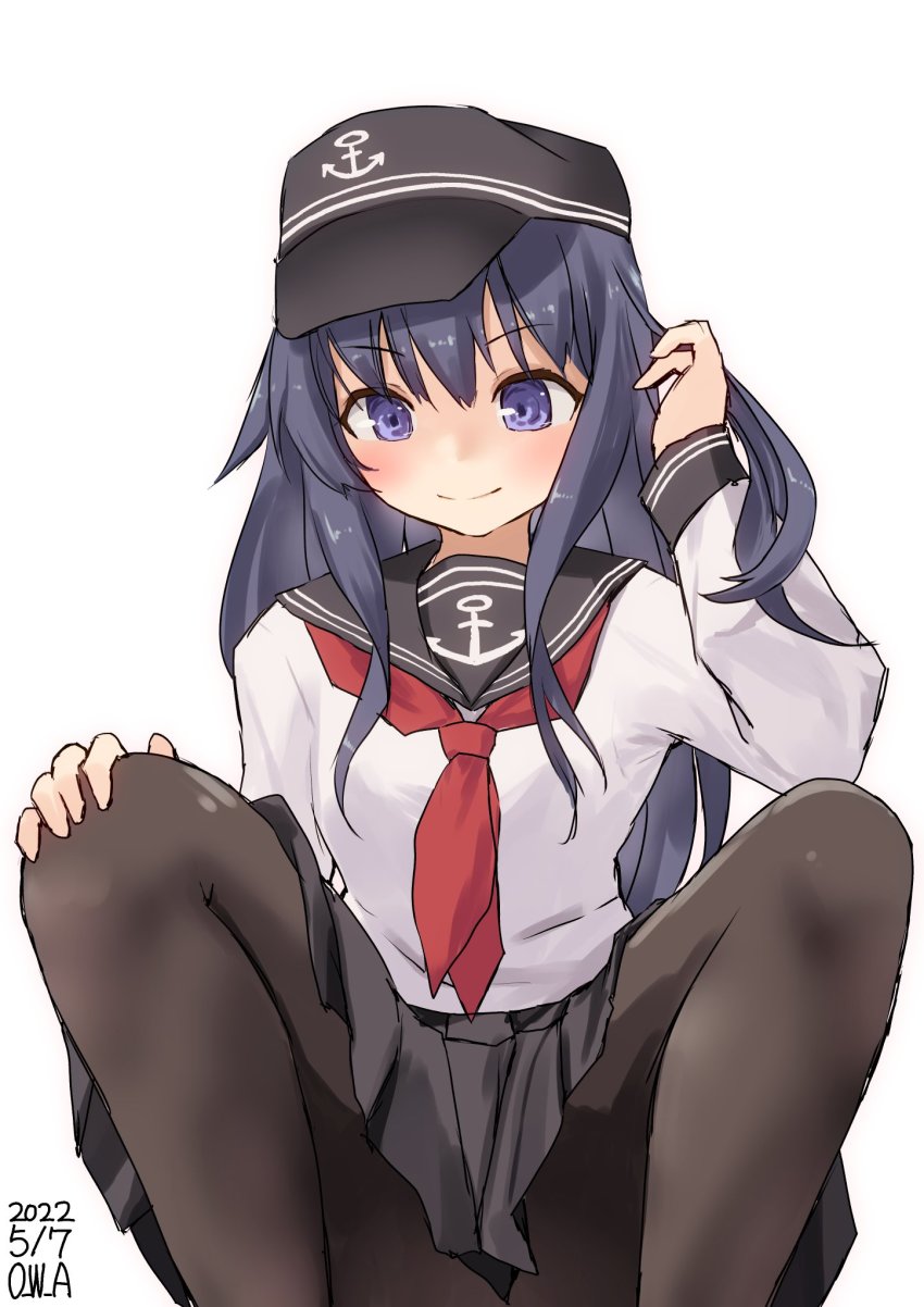 1girl, akatsuki_(kancolle), anchor_symbol, artist_name, badge, black_hair, black_pantyhose, black_sailor_collar