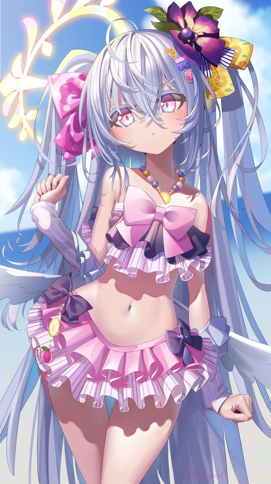 1girl, ahoge, azusa_(blue_archive), azusa_(swimsuit)_(blue_archive), beach, blue_archive, breasts, collarbone