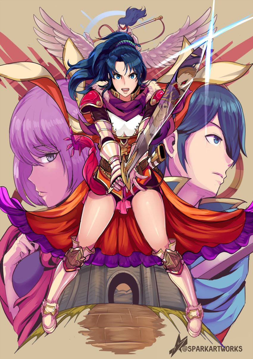 2boys, 4girls, :d, armor, blue_eyes, blue_hair, boots, breastplate, brown_hair, caeda_(fire_emblem), castle, commission, eremiya_(fire_emblem), female_kris_(fire_emblem), fighting_stance, fire_emblem, fire_emblem:_mystery_of_the_emblem, fire_emblem:_new_mystery_of_the_emblem, hardin_(dark_emperor)_(fire_emblem), hardin_(fire_emblem), highres, holding, holding_sword, holding_weapon, katarina_(fire_emblem), long_hair, looking_at_viewer, marth_(fire_emblem), medium_hair, multiple_boys, multiple_girls, nintendo, open_mouth, pegasus, pegasus_knight_uniform_(fire_emblem), ponytail, purple_eyes, purple_hair, red_eyes, reflection, short_hair, simple_background, smile, sparkartworks, sword, twitter_username, weapon