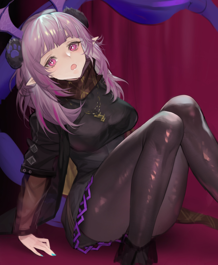 1girl, absurdres, arknights, black_pantyhose, black_scarf, black_skirt, breasts, feet_out_of_frame