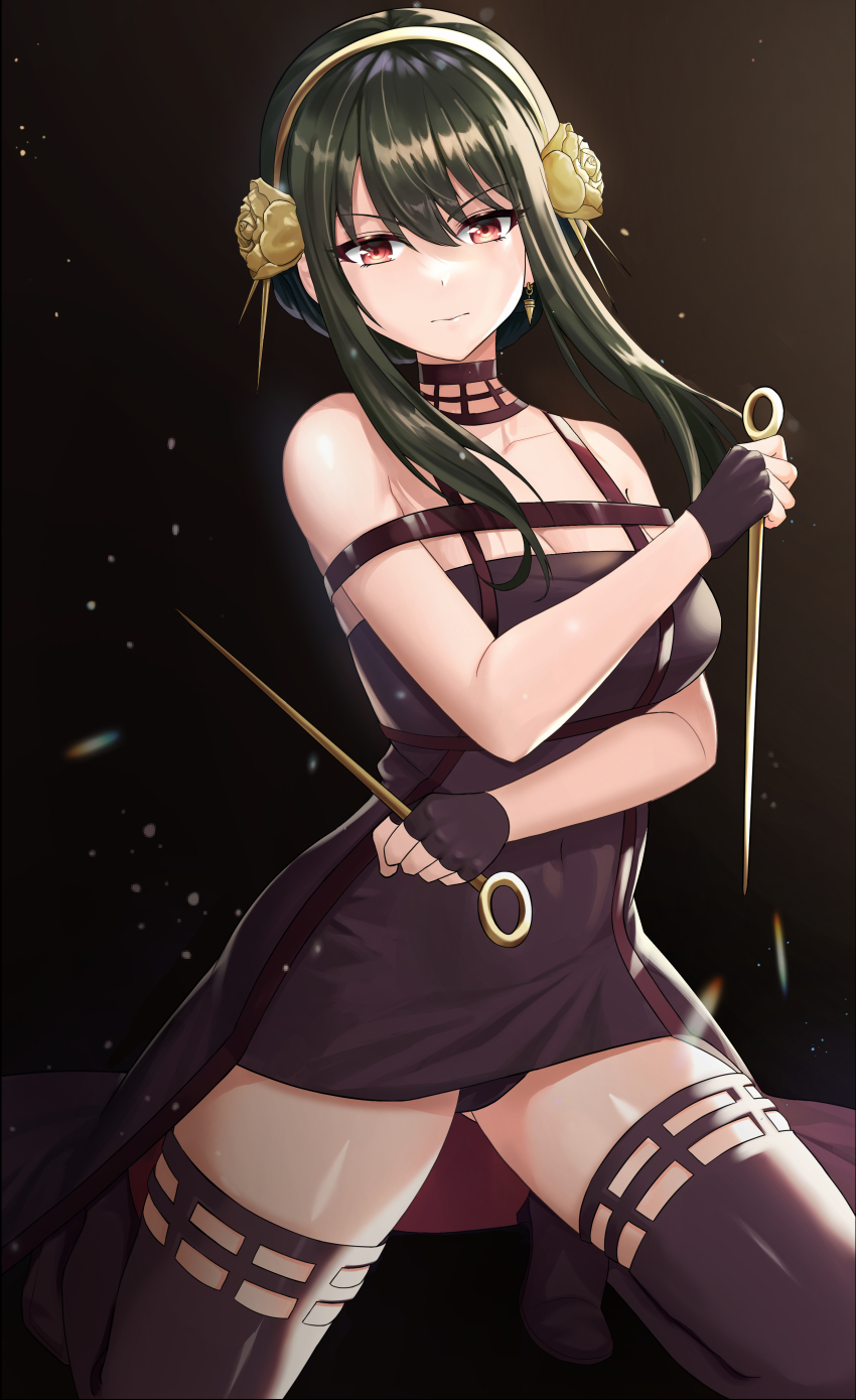 1girl, absurdres, bare_shoulders, black_background, black_choker, black_dress, black_gloves, black_hair