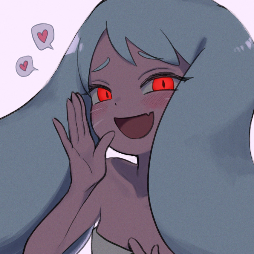 1girl, cookie_run, dress, fang, fox_girl, heart, highres, hixyon, humanization, kumiho_cookie, long_hair, looking_at_viewer, open_mouth, personification, red_eyes, sleeveless, sleeveless_dress, slit_pupils, smile, solo, upper_body, white_hair