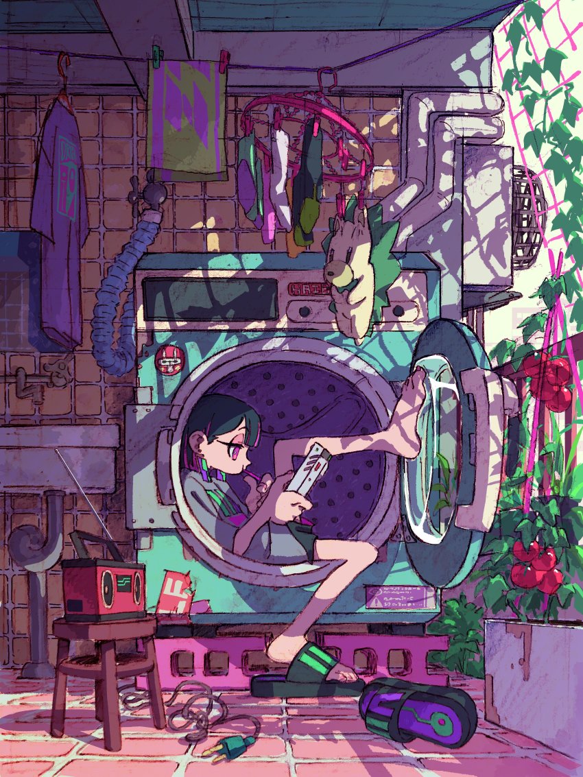 1girl, absurdres, black_hair, black_shorts, blouse, brick_floor, clothes_pin, earrings, expressionless, game_boy, game_console, grey_shirt, hanabushi, handheld_game_console, hedgehog, highres, holding, jewelry, laundry, multicolored_hair, nira-chan, plant, purple_eyes, purple_hair, radio, radio_antenna, sandals, shirt, short_shorts, shorts, sink, solo, stool, stuffed_animal, stuffed_toy, tomato, two-tone_hair, washing_machine