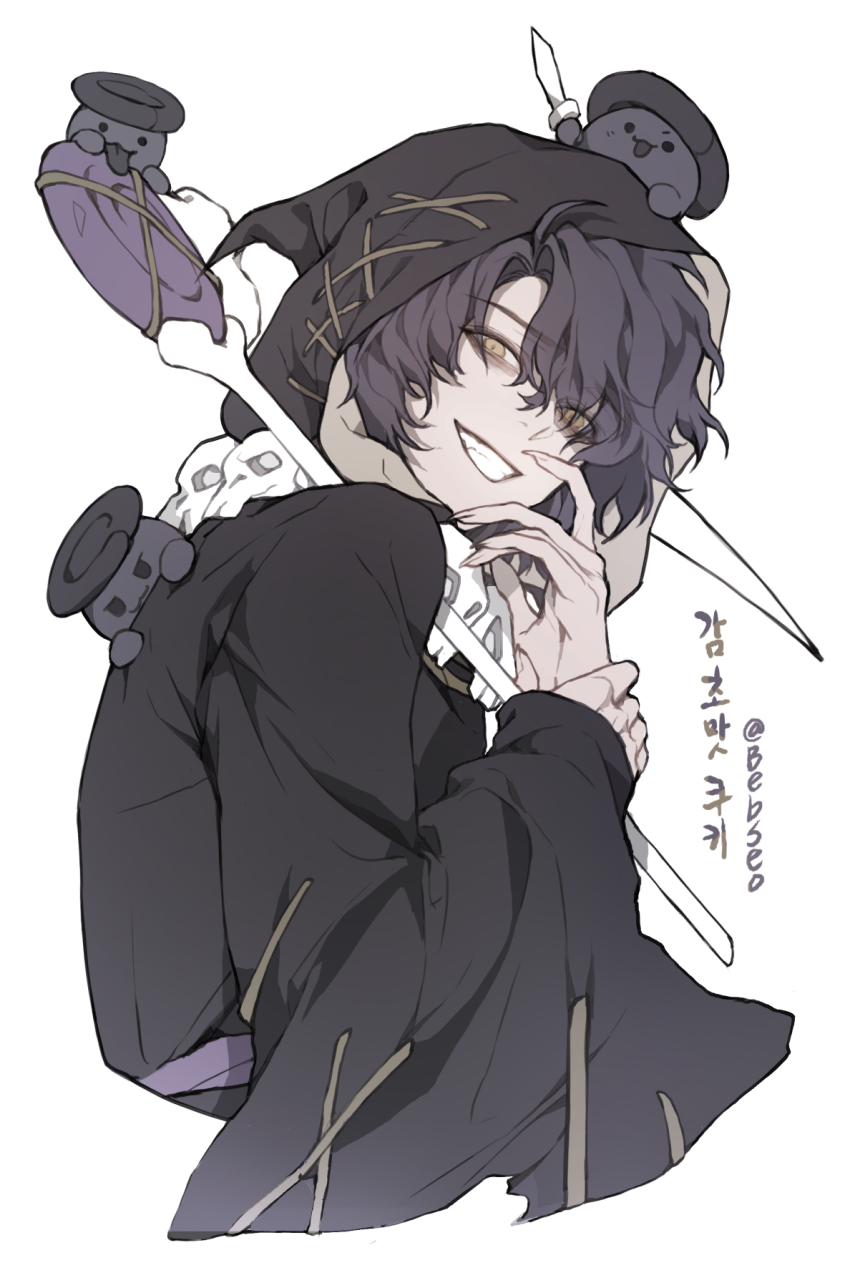 1boy, bebseo, black_cloak, black_hair, black_robe, cloak, cookie_run, cookie_run:_kingdom, grin, hair_over_one_eye, highres, holding, holding_scythe, hood, humanization, jewelry, licorice_cookie, licorice_servants, looking_at_viewer, necklace, personification, robe, scythe, short_hair, skull, skull_necklace, smile, weapon, yellow_eyes