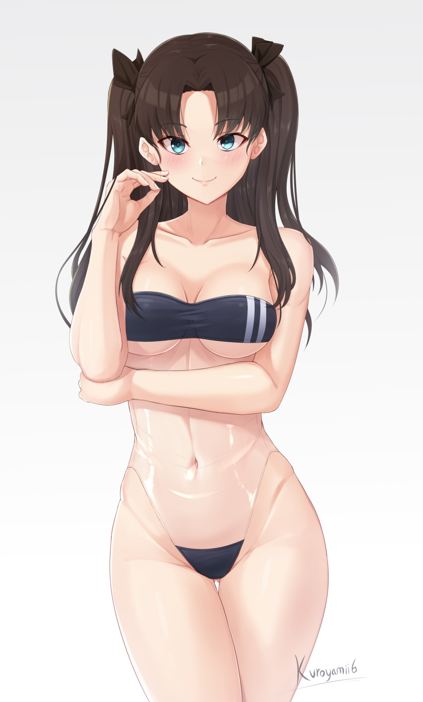 1girl, absurdres, arm_under_breasts, artist_name, blue_eyes, blush, breasts, brown_hair, casual_one-piece_swimsuit, collarbone, commentary, commission, cowboy_shot, crossed_legs, english_commentary, fate/stay_night, fate_(series), gluteal_fold, gris_swimsuit, groin, hair_intakes, hand_up, highleg, highleg_one-piece_swimsuit, highres, hip_bones, kuroyamii, looking_at_viewer, navel, one-piece_swimsuit, parted_bangs, see-through_clothes, see-through_one-piece_swimsuit, signature, simple_background, smile, standing, strapless, strapless_one-piece_swimsuit, swimsuit, thigh_gap, tohsaka_rin, twintails, underboob