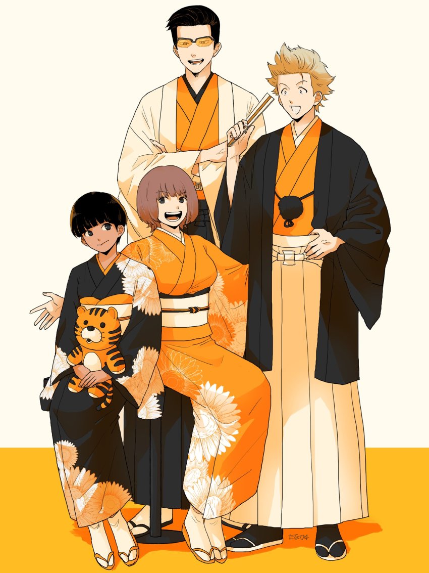 2boys, 2girls, :d, black_coat, black_hakama, black_kimono, black_legwear, blunt_bangs