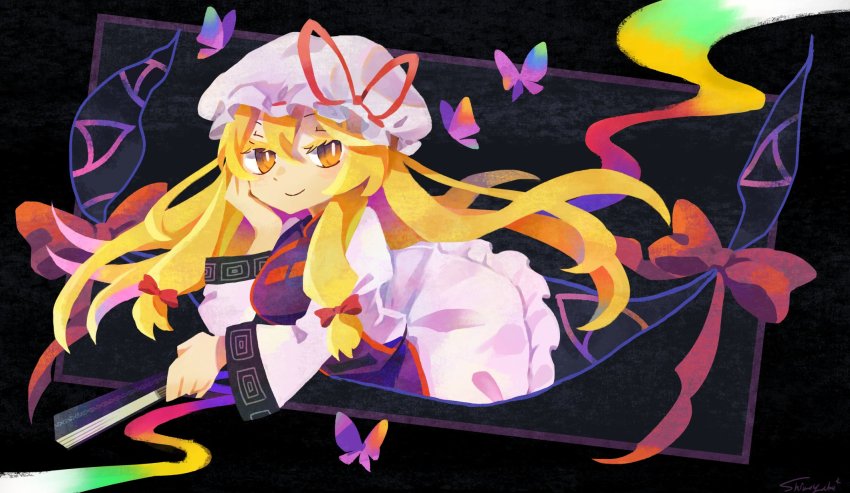 1girl, artist_name, blonde_hair, blush, bow, bright_pupils, bug, butterfly, closed_mouth, commentary, dress, eyebrows_hidden_by_hair, floating_hair, folded_fan, folding_fan, gap_(touhou), hair_between_eyes, hair_bow, hand_fan, hand_on_own_chin, hat, hat_ribbon, head_rest, highres, holding, holding_fan, insect, long_hair, long_sleeves, looking_at_viewer, mob_cap, orange_eyes, purple_tabard, red_bow, red_ribbon, ribbon, shimoyake_(saboboast933), smile, solo, tabard, touhou, very_long_hair, white_dress, white_hat, white_pupils, wide_sleeves, yakumo_yukari