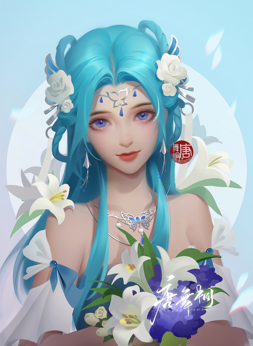 1girl, blue_background, blue_hair, circle, douluo_dalu, flower, hair_flower, hair_ornament