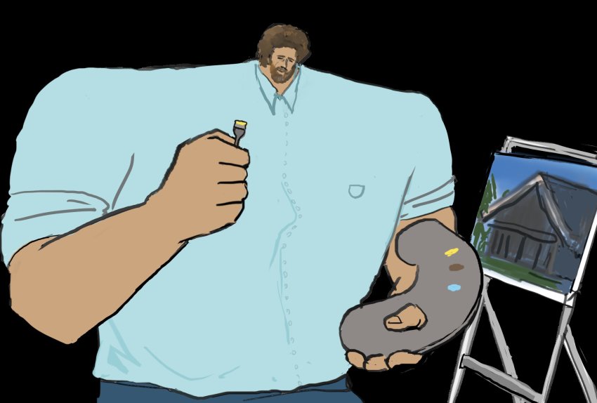 1boy, anatomical_nonsense, bad_anatomy, black_background, blouse, blue_shirt, bob_ross, brown_hair, canvas_(object), collared_shirt, facial_hair, highres, holding, holding_paint_palette, holding_paintbrush, house, male_focus, mustache, paint_palette, paintbrush, painting_(object), parody, real_life, sattou, shirt, short_sleeves, simple_background, smile, solo, style_parody, the_joy_of_painting, upper_body, what