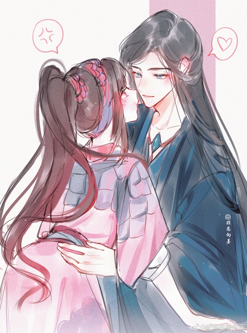 1boy, 1girl, absurdres, angry, black_hair, blush, brown_hair, couple, gudong_gudong_dawang, hairband, highres, juan_siliang, long_hair, ponytail, pout, striped_background, tu_li_(juan_siliang), upper_body