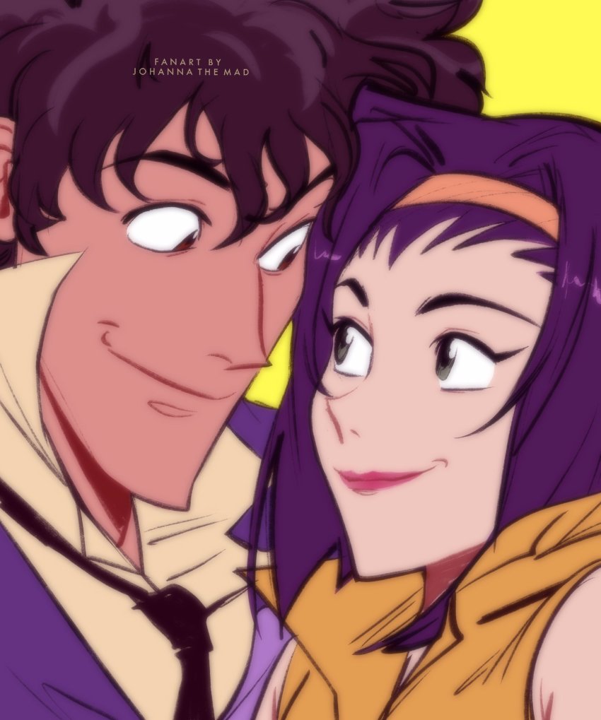 1boy, 1girl, cowboy_bebop, faye_valentine, highres, johannathemad, lipstick, looking_at_another