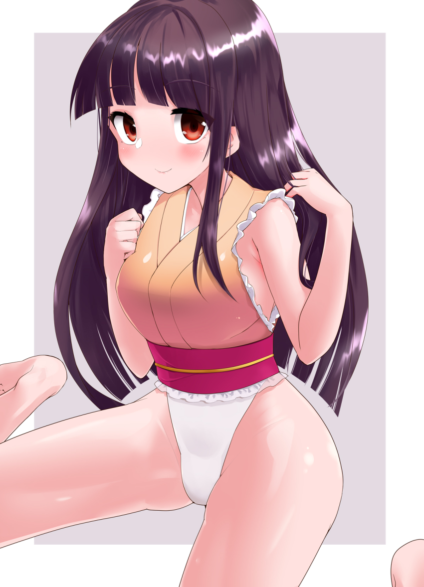 1girl, bare_shoulders, barefoot, bed, belt, black_hair, border, breasts
