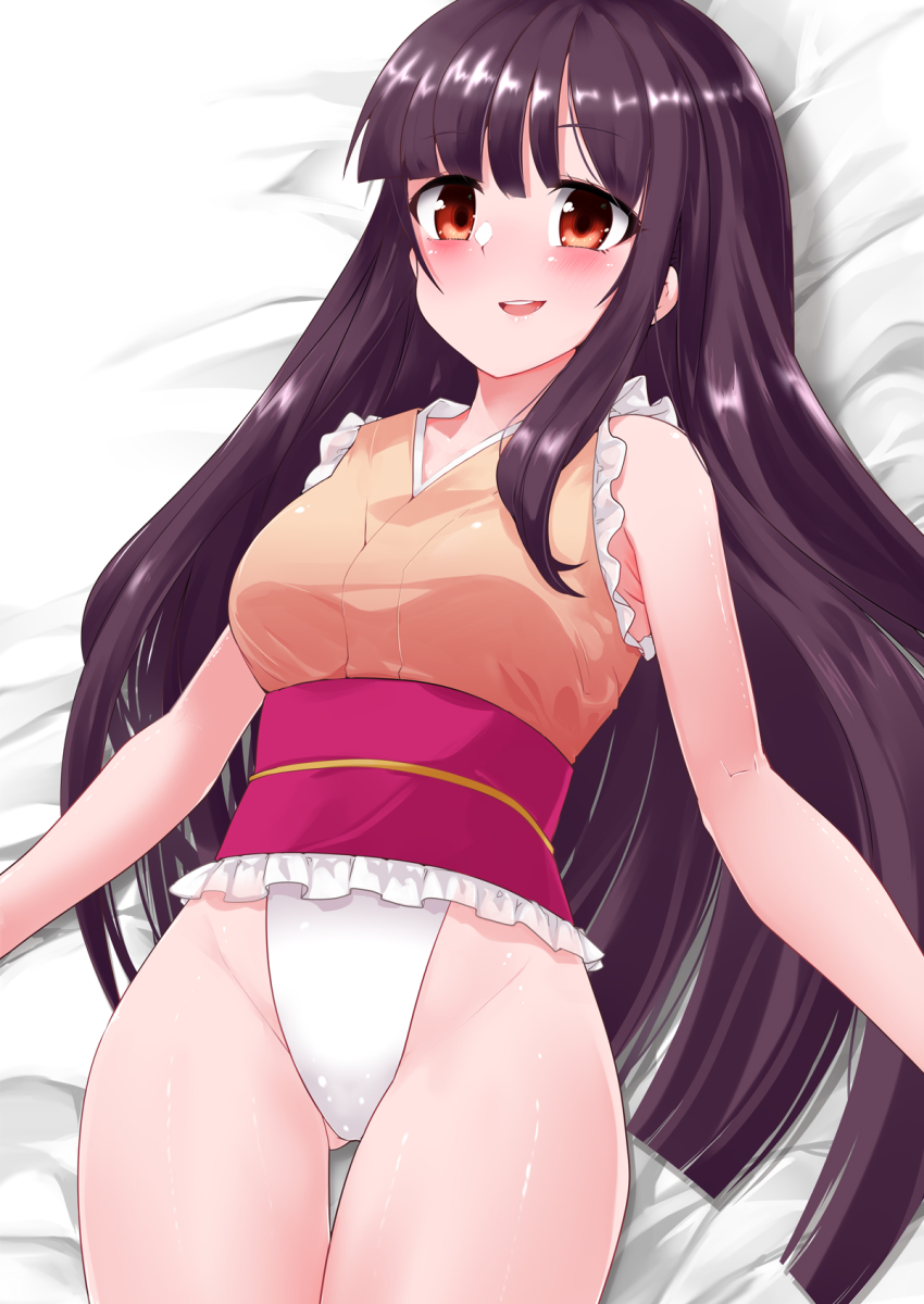 1girl, :d, bed, bed_sheet, black_hair, commission, frills, harry_(namayake)