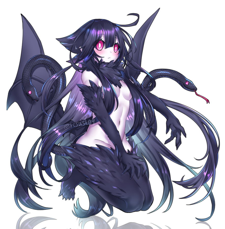 1girl, ahoge, black_fur, black_hair, black_sclera, blue_hair, bright_pupils, colored_sclera