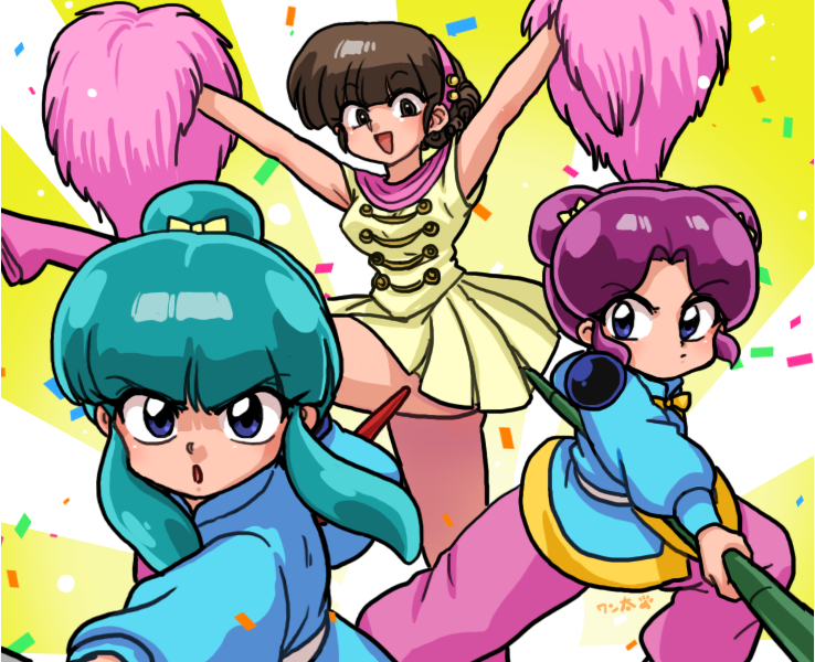 3girls, brown_hair, cheerleader, chinese_clothes, konjo_mariko, ling-ling, lung-lung, multiple_girls, ranma_1/2, tagme, wanta_(futoshi)