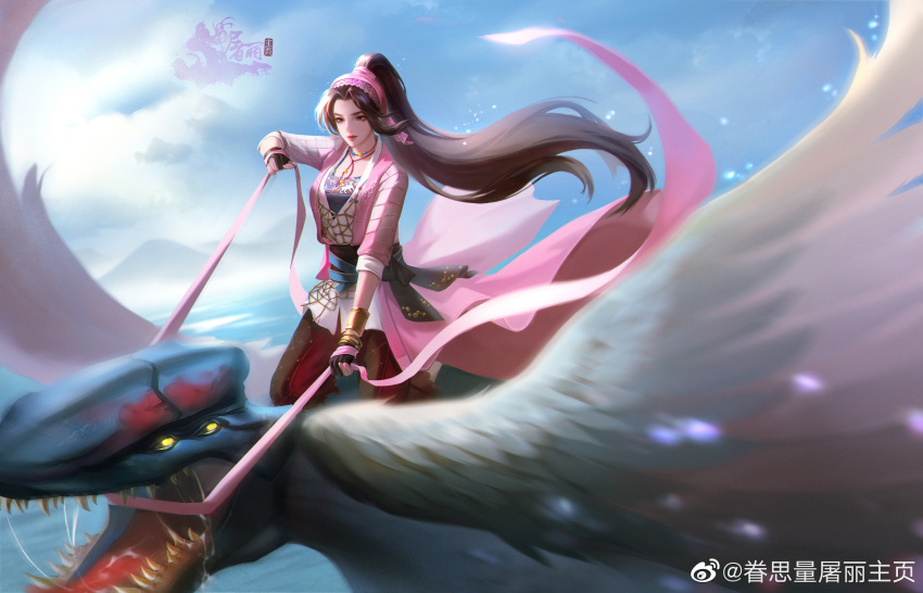 1girl, absurdres, animal, bird_wings, blue_sky, cloud, dress, extra_eyes, fabric, flying, hairband, highres, juan_silang_tu_li_zhuye, juan_siliang, pink_dress, riding, sky, solo, teeth, tu_li_(juan_siliang), wings