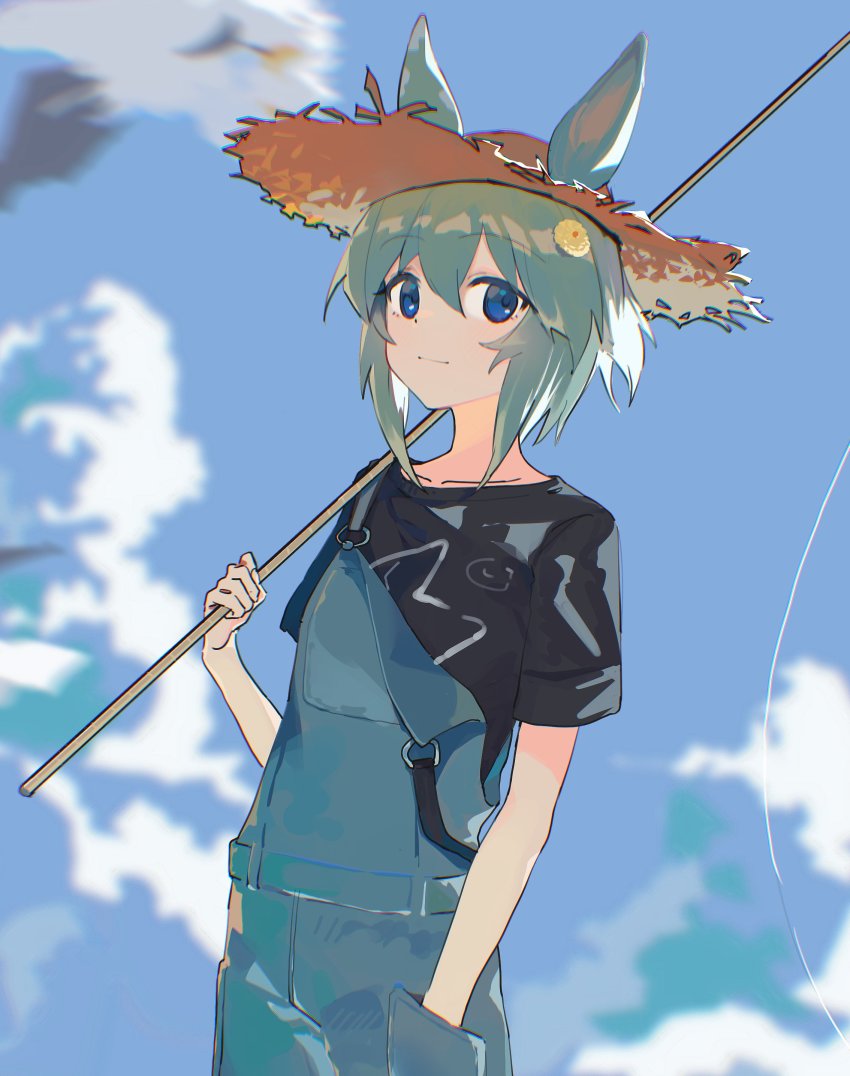 1girl, absurdres, alternate_costume, animal_ears, aqua_hair, black_shirt, blouse, blue_eyes