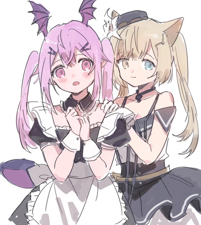 2girls, :o, alternate_costume, animal_ears, apron, arknights, bare_shoulders, blue_eyes