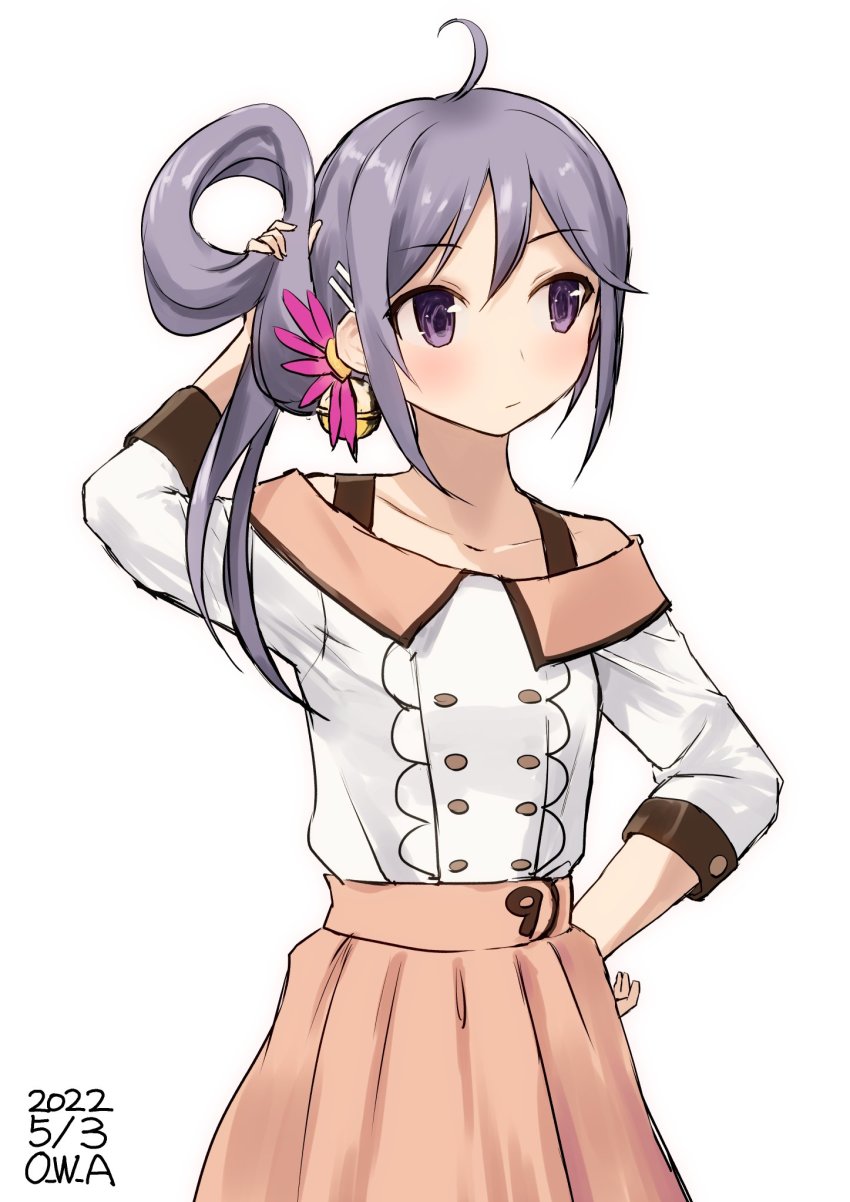 1girl, akebono_(9th_anniversary)_(kancolle), akebono_(kancolle), artist_name, bell, blouse, dated, flower