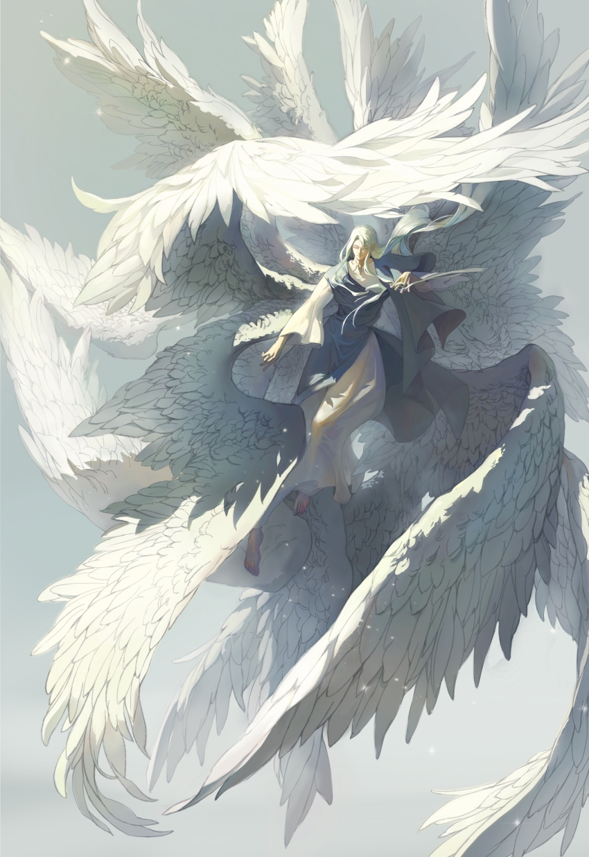 1boy, absurdres, angel, angel_wings, barefoot, chinese_commentary, colored_eyelashes, commentary_request, flying, grey_eyes, highres, long_hair, lord_of_the_mysteries, multiple_wings, ouroboros_(lord_of_the_mysteries), robe, shouxianwu135, sky, solo, white_robe, wings