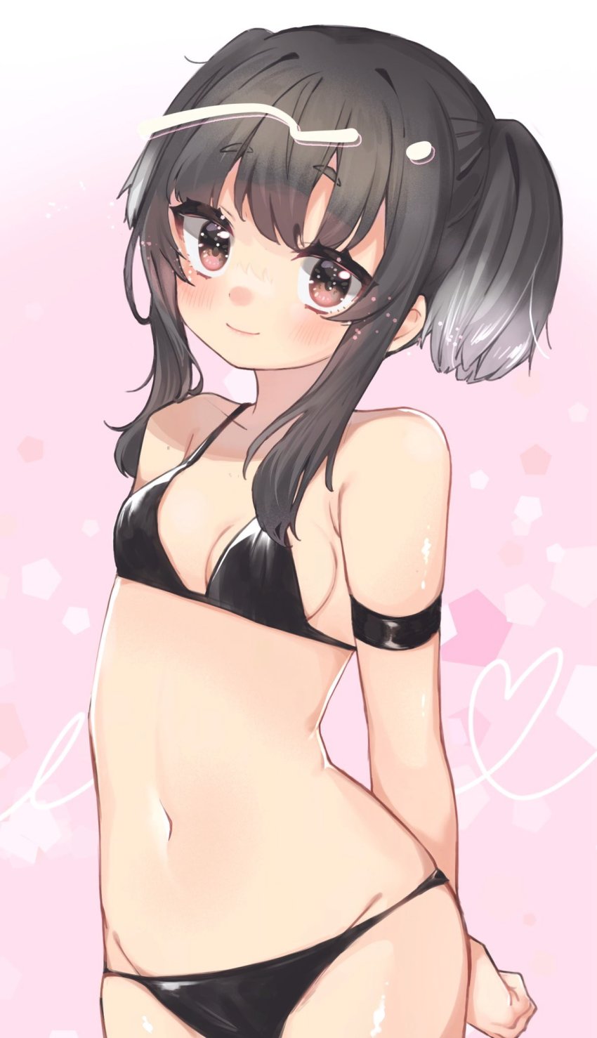 1girl, armband, arms_behind_back, bikini, black_bikini, black_hair, breasts, brown_eyes, highres, kantai_collection, looking_at_viewer, myao_(jumca_my), one-hour_drawing_challenge, short_hair, short_hair_with_long_locks, sidelocks, small_breasts, smile, solo, swimsuit, tokitsukaze_(kancolle)