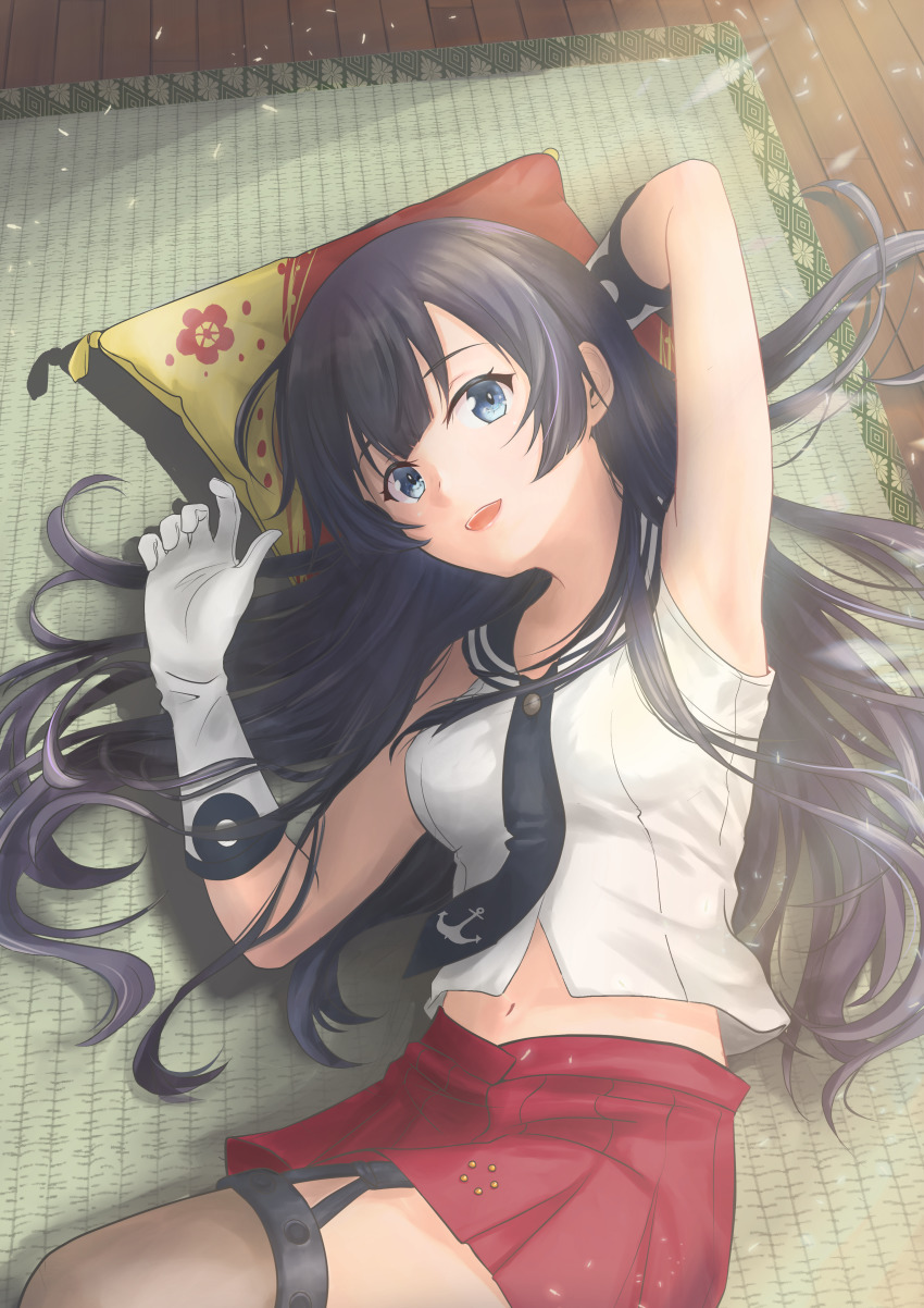 1girl, absurdres, agano_(kancolle), anchor_symbol, asymmetrical_legwear, black_hair, black_necktie, blouse