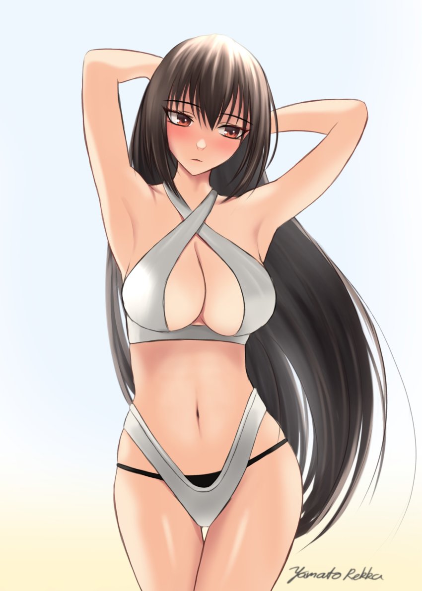 1girl, absurdres, arms_behind_head, arms_up, bikini, black_hair, breasts, cleavage, cowboy_shot, criss-cross_halter, facing_viewer, halterneck, highres, kantai_collection, large_breasts, long_hair, looking_to_the_side, nagato_(anime_swimsuit)_(kancolle), nagato_(kancolle), official_alternate_costume, one-hour_drawing_challenge, red_eyes, rekka_yamato, sideways_glance, simple_background, solo, swimsuit, white_background, white_bikini