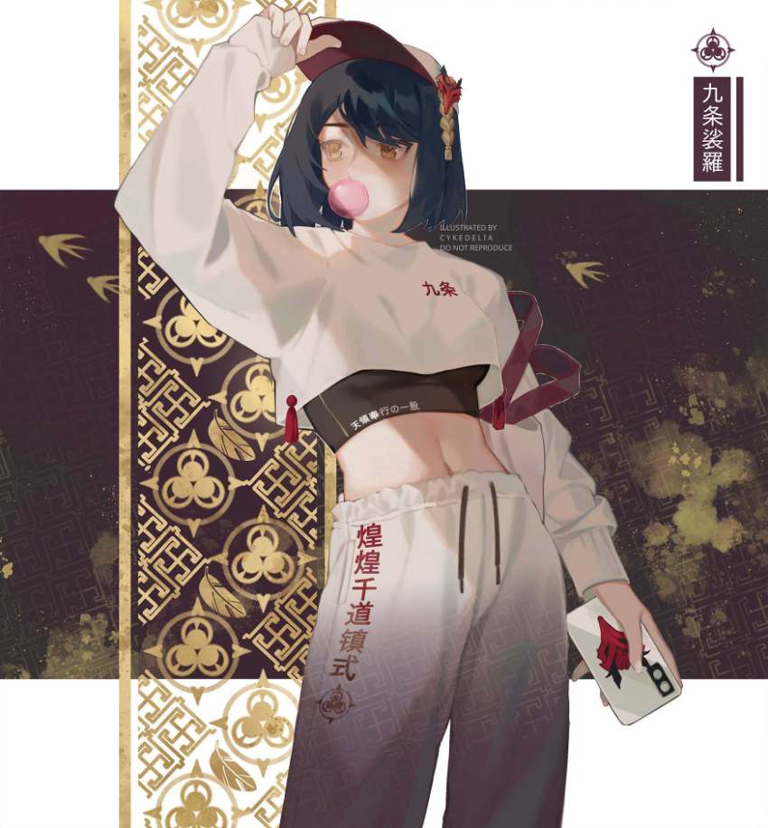 1girl, alternate_costume, artist_name, black_hair, blowing_bubble_gum, blowing_bubbles, breasts, cellphone, chewing_gum, commentary, crop_top, english_commentary, genshin_impact, hair_between_eyes, hand_on_headwear, hat, hat_ornament, highres, holding, holding_phone, jianli, kujou_sara, medium_breasts, navel, pants, phone, short_hair, simple_background, smartphone, solo, sweatpants, white_pants, yellow_eyes