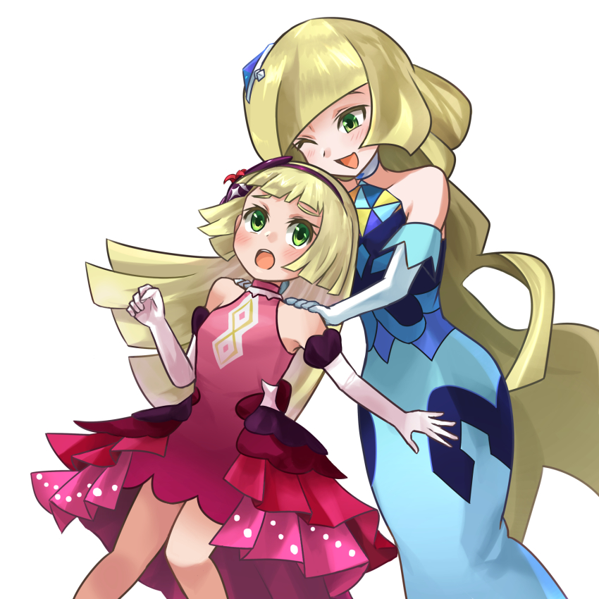 2girls, ;d, alternate_costume, bare_shoulders, blonde_hair, blue_dress, blush, commentary_request, dress, elbow_gloves, eyelashes, gloves, green_eyes, hair_ornament, hairband, hands_on_another's_shoulders, highres, lillie_(anniversary_2021)_(pokemon), lillie_(pokemon), long_hair, lusamine_(pokemon), lusamine_(sygna_suit)_(pokemon), mother_and_child, mother_and_daughter, multiple_girls, ni-jo, nintendo, official_alternate_costume, one_eye_closed, open_mouth, parent_and_child, pink_dress, pokemon, pokemon_masters_ex, smile, teeth, tongue, upper_teeth_only, white_gloves