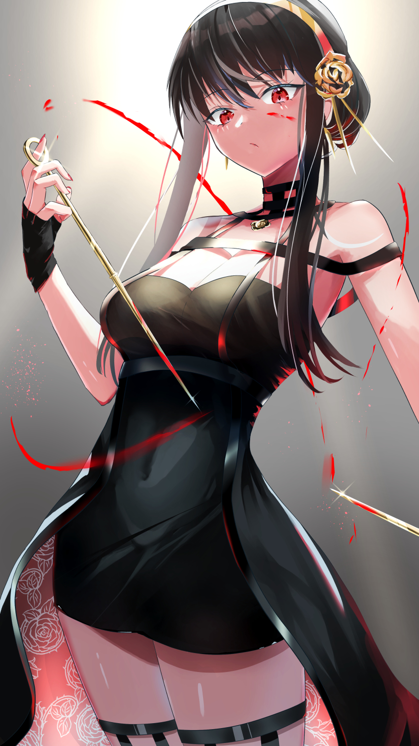 1girl, black_dress, black_hair, black_thighhighs, blood, covered_navel, dress, floral_print