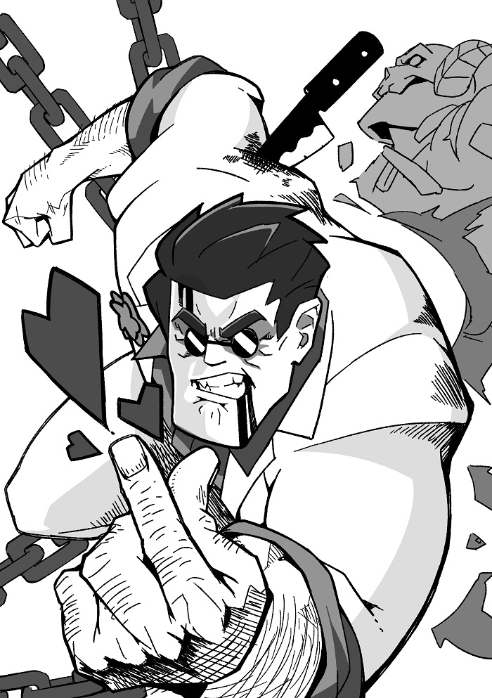 1boy, angry, blood, blood_on_face, chain, formal_clothes, greyscale, helltaker